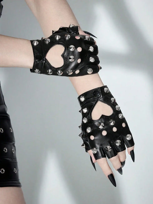 ROMWE Goth 1 Pair Women Rivet Leather Fingerless Gloves