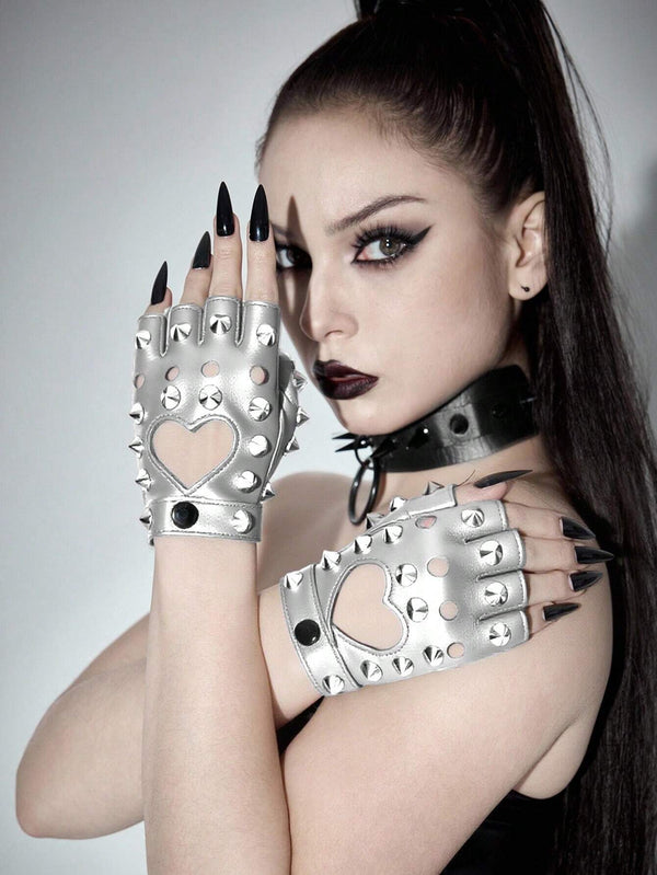 ROMWE Goth 1 Pair Women's Rivet Leather Fingerless Gloves