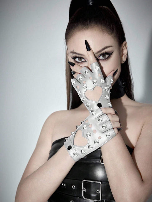ROMWE Goth 1 Pair Women's Rivet Leather Fingerless Gloves