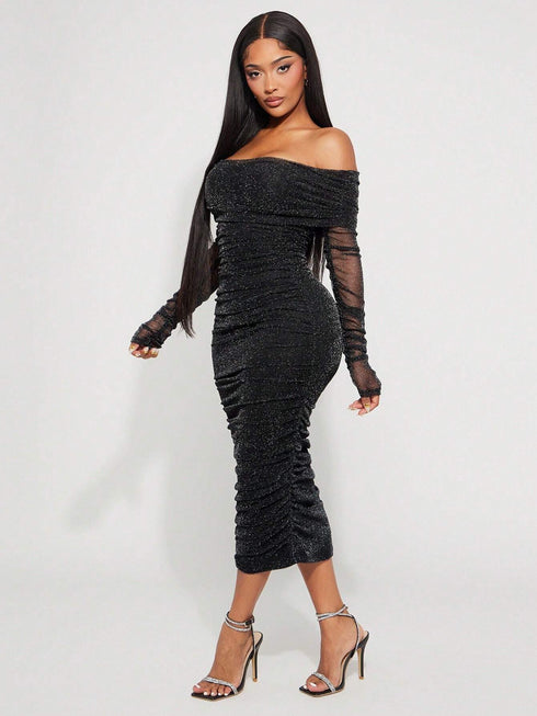 SHEIN Radiana Fall/Winter Women's Sexy & Elegant Black Shiny Metallic