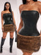 Radiana FallWinter Women's Sexy Wild Black PU Patchwork Brown Faux Fur Fitted Bandeau Mini Dress