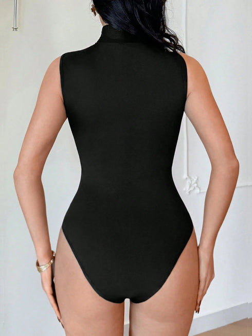 SHEIN Rafferiza بدلة نسائية سوداء شفافة بياقة واقفة، بلوزة شبكية بدون أكمام أنيقة للصيف مناسبة للحفلات والارتداء اليومي، قصة عادية، نقشة تي شيرت، ملابس حيوانات، تصميم جديد
