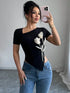 SHEIN Color Block Floral V-Neck Short Sleeve Fitted T-Shirt
