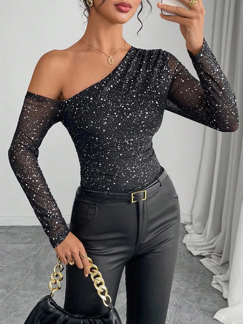 SHEIN رافيريسا أزياء نسائية منقطة معدنية شبكية مطبوعة مكشوفة الأكتاف بأكمام طويلة بودي سوت