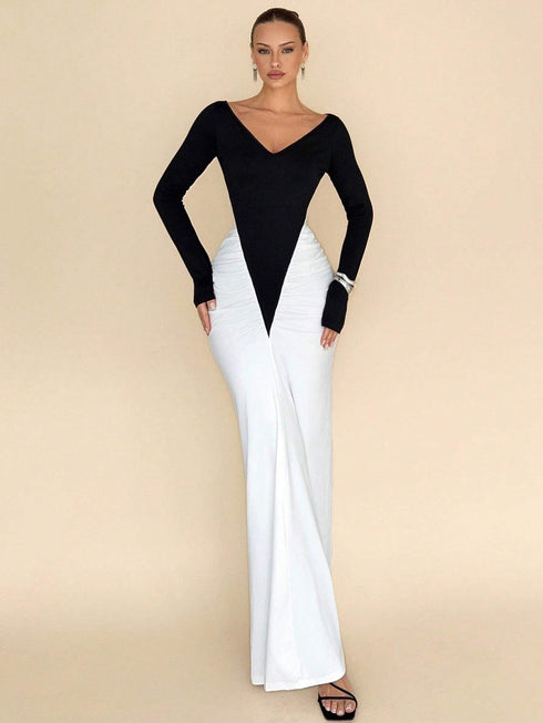 SHEIN Rafferiza Women's Fashionable Fitted V-Neck Color Block Pleated Decoration Long Sleeve Dress