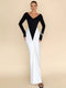 SHEIN Rafferiza Women's Fashionable Fitted V-Neck Color Block Pleated Decoration Long Sleeve Dress