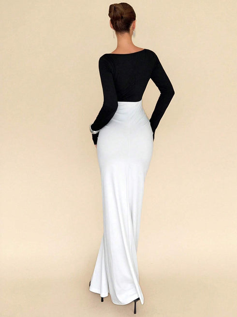 SHEIN Rafferiza Women's Fashionable Fitted V-Neck Color Block Pleated Decoration Long Sleeve Dress