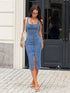 SHEIN Rivivi Fashionable Casual Washed Denim Front Slit Women Denim Dress