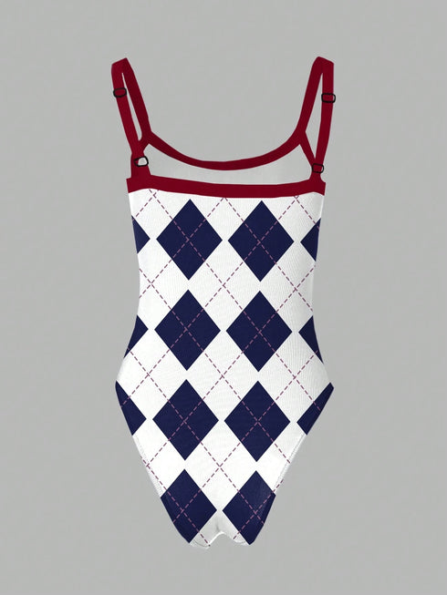 SHEIN Rovax Women's Rhombus Print Fashionable Sexy Bodysuit