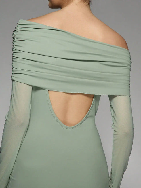 Ruched Off-Shoulder Mesh Panel Long Sleeve Bodycon Mini Dress