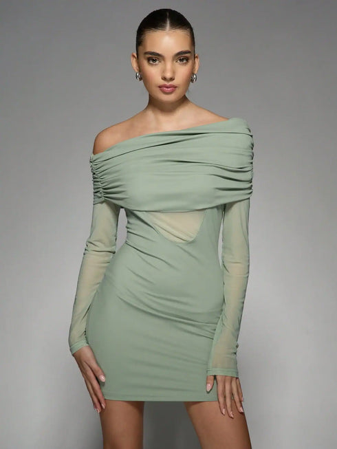 Ruched Off-Shoulder Mesh Panel Long Sleeve Bodycon Mini Dress