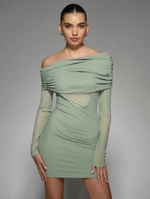 Ruched Off-Shoulder Mesh Panel Long Sleeve Bodycon Mini Dress