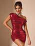SHEIN BAE Women's AutumnWinter Colorful Sequins Asymmetric Shoulder Ruched Bodycon Mini Dress