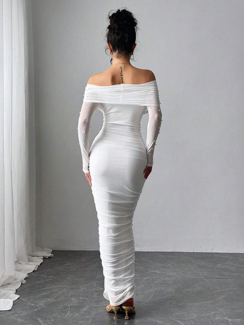 SHEIN Firerie Women's Elegant White Open Shoulder Pearl Decor Ruched Slim Fit Maxi Dress