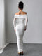 SHEIN Firerie Women's Elegant White Open Shoulder Pearl Decor Ruched Slim Fit Maxi Dress
