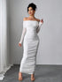 SHEIN Firerie Women's Elegant White Open Shoulder Pearl Decor Ruched Slim Fit Maxi Dress