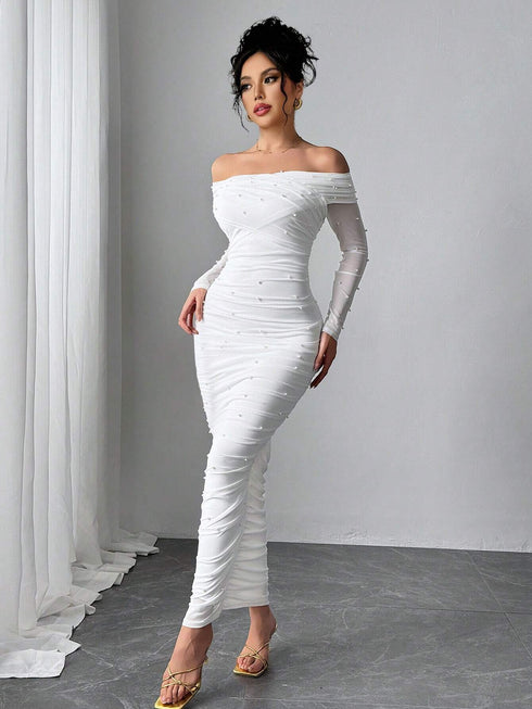 SHEIN Firerie Women's Elegant White Open Shoulder Pearl Decor Ruched Slim Fit Maxi Dress
