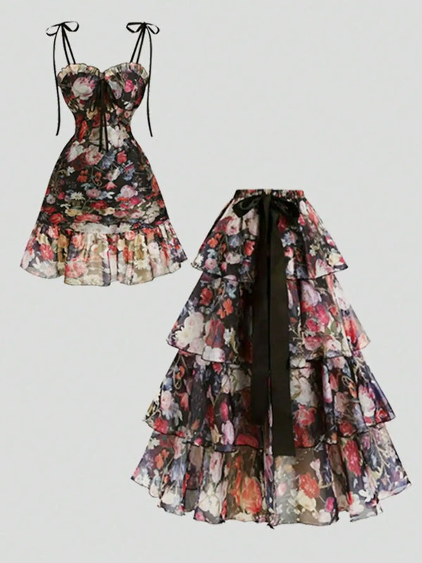 SHEIN Floral Print Sexy Party Satin Ribbon Sexy Fashion Romantic Party Style Spaghetti Strap