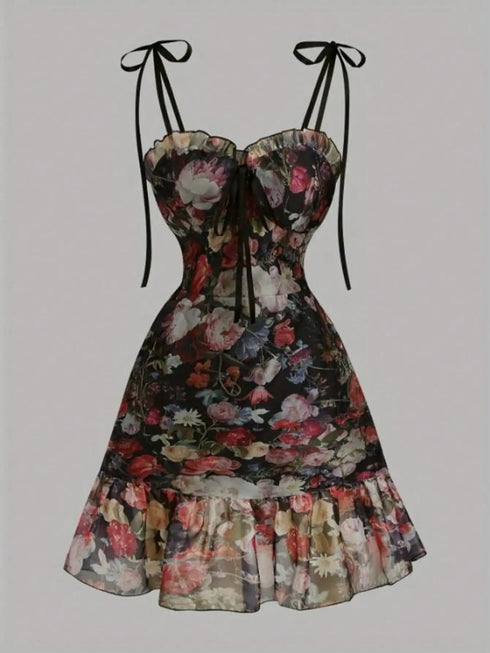 SHEIN Floral Print Sexy Party Satin Ribbon Sexy Fashion Romantic Party Style Spaghetti Strap