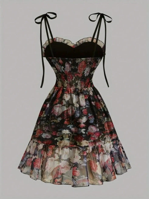 SHEIN Floral Print Sexy Party Satin Ribbon Sexy Fashion Romantic Party Style Spaghetti Strap