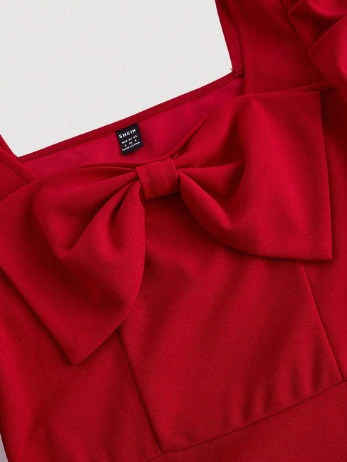 SHEIN MOD Women Gigot Sleeve Bow Tie Neck Red Dress
