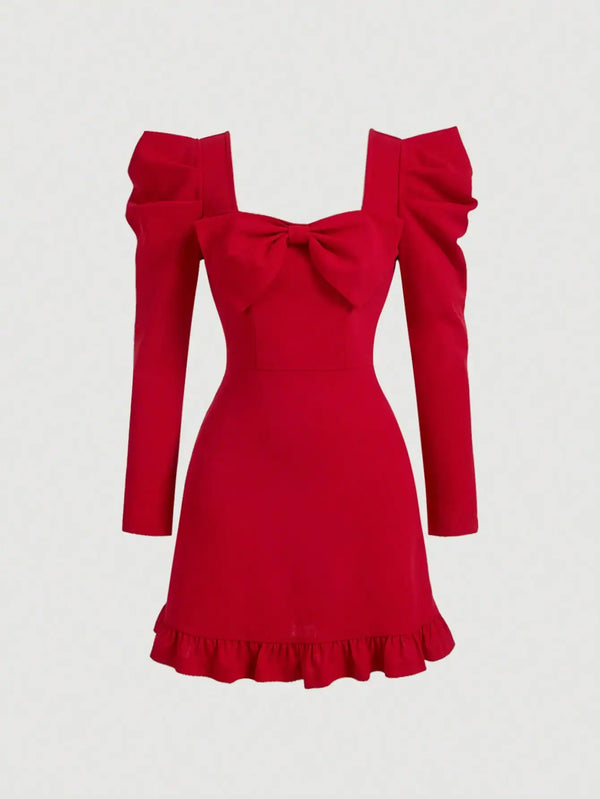SHEIN MOD Women Gigot Sleeve Bow Tie Neck Red Dress