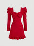 SHEIN MOD Women Gigot Sleeve Bow Tie Neck Red Dress
