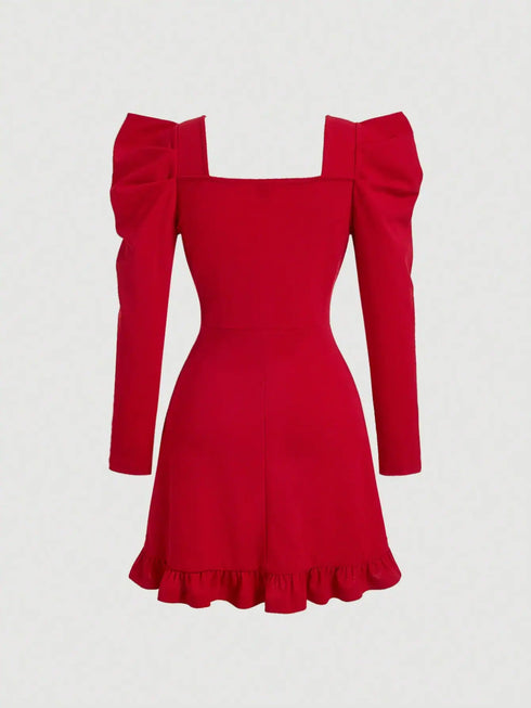 SHEIN SHEIN MOD Women Gigot Sleeve Bow Tie Neck Red Dress