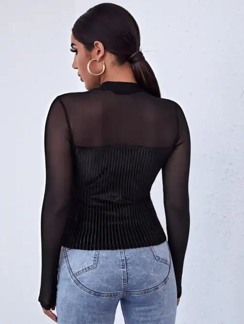 SHEIN Privé Mock-Neck Mesh Yoke Velvet Long Sleeve Black Tee