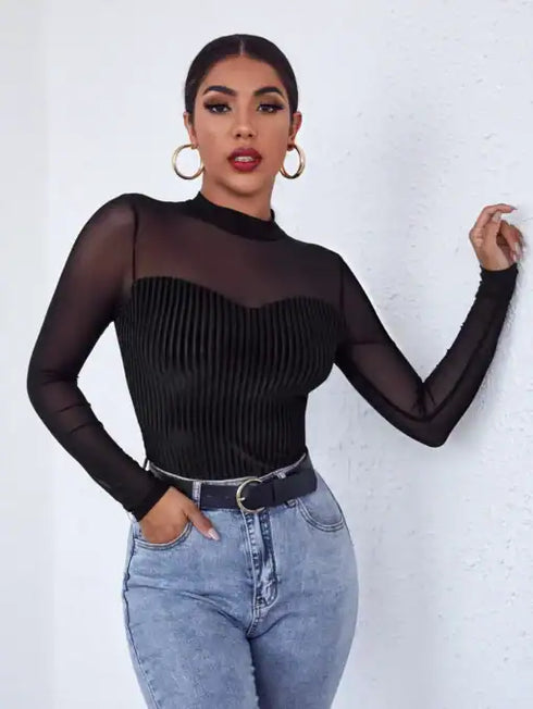 SHEIN Privé Mock-Neck Mesh Yoke Velvet Long Sleeve Black Tee