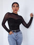 SHEIN Privé Mock-Neck Mesh Yoke Velvet Long Sleeve Black Tee