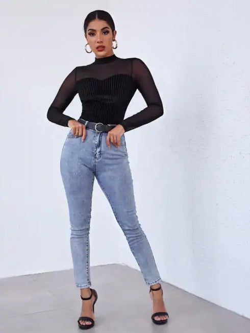 SHEIN Privé Mock-Neck Mesh Yoke Velvet Long Sleeve Black Tee