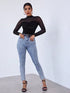 SHEIN Privé Mock-Neck Mesh Yoke Velvet Long Sleeve Black Tee