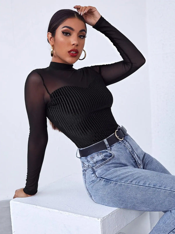 SHEIN Privé Mock-Neck Mesh Yoke Velvet Long Sleeve Black Tee