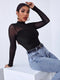 SHEIN Privé Mock-Neck Mesh Yoke Velvet Long Sleeve Black Tee