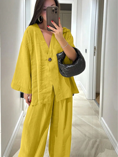 SHEIN Women's Elegant Outfit, SpringSummer, Deep V-Neck Long Sleeve Shirt With Pockets, Elastic Waist Loose