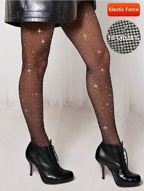 SHEIN Women's Fashion Rhinestone Crystal Fishnet Socks Tight Pants, Ladies' Sexy High Elasticity Mesh Tights