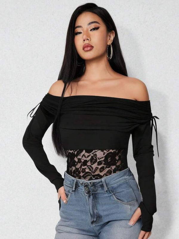 SHEIN Zolique One-Shoulder Rope-Decorated Waist With Lace Trim