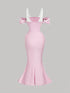Pink evening gown with white top on a gray background