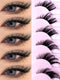 Eyelashes displayed on a pink background with close-up views of an eye wearing the lashes.