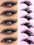 Eyelashes displayed on a pink background with close-up views of an eye wearing the lashes.