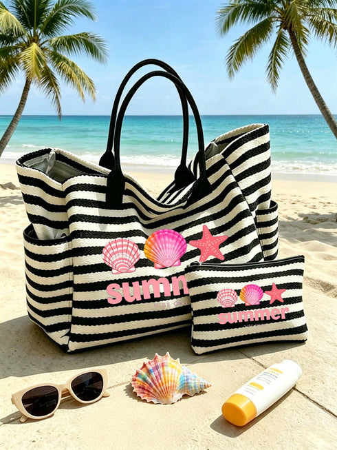 SHEIN 1/2pcs Striped Tote Bag And Makeup Bag Set, Printed With "Summer" Pattern, Suitable For Vacation, Travel, Commute, Shopping, Gift For Family And Friends