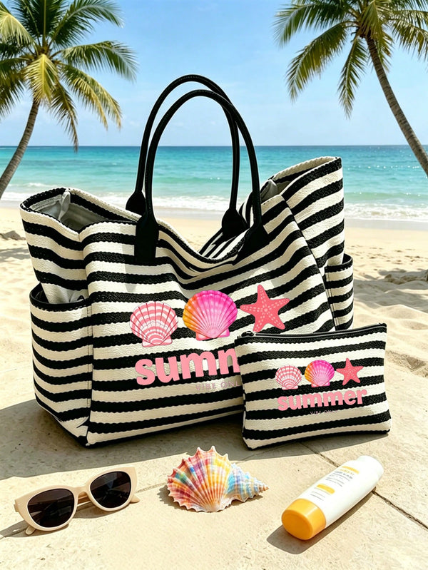SHEIN 1/2pcs Striped Tote Bag And Makeup Bag Set, Printed With "Summer" Pattern, Suitable For Vacation, Travel, Commute, Shopping, Gift For Family And Friends