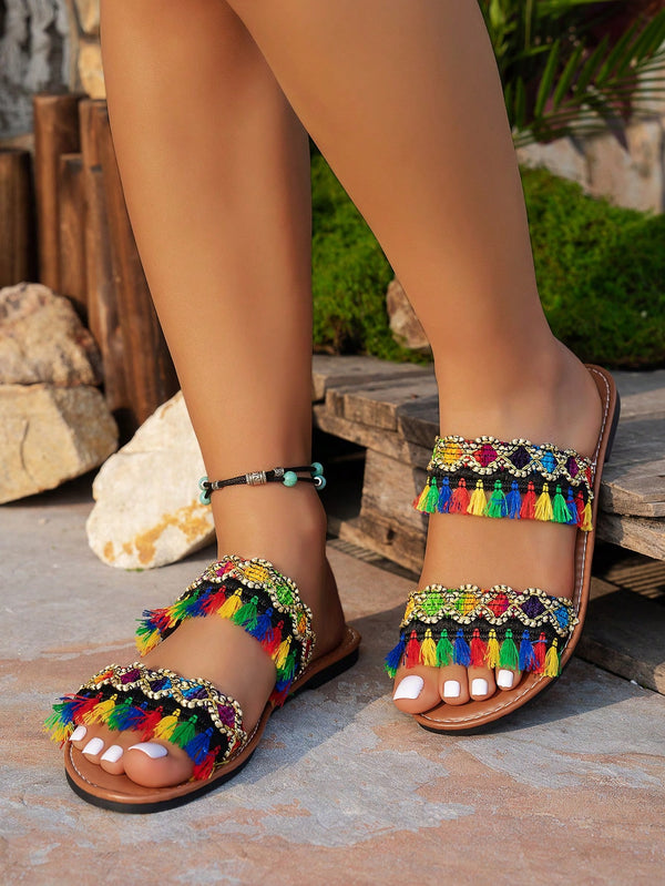 SHEIN 1 Pair Women's Colorful Bohemian Style Flat Sandals, Fashion Elegant Casual Beach Holiday Slippers