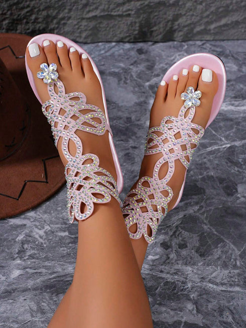 SHEIN 1 Pair Women's Sparkling Rhinestone Embellished Roman Style Thong Sandals, Black Hollow Woven Upper With00