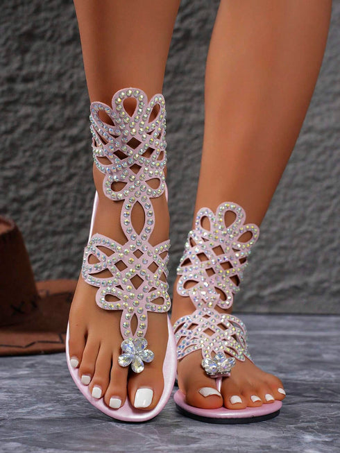 SHEIN 1 Pair Women's Sparkling Rhinestone Embellished Roman Style Thong Sandals, Black Hollow Woven Upper With