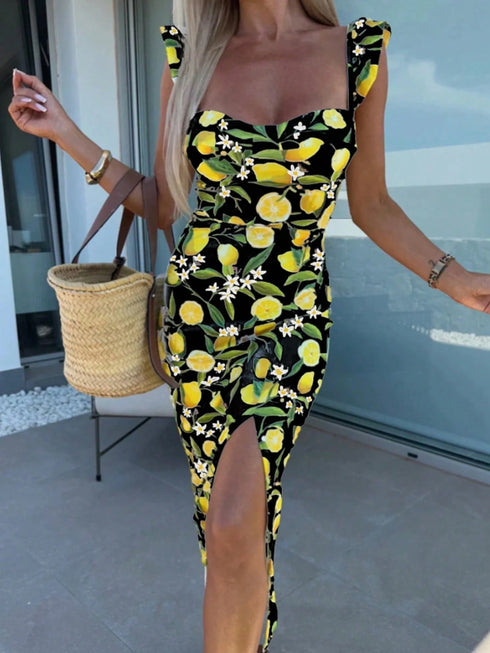SHEIN 1 Piece All-Over Floral Print Boho Elegant Woven High Slit Dress, Everyday Summer Wear Vacation Black0