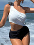 SHEIN Elegantly-Designed Black & White Asymmetric Ruched Monokini Swimsuit