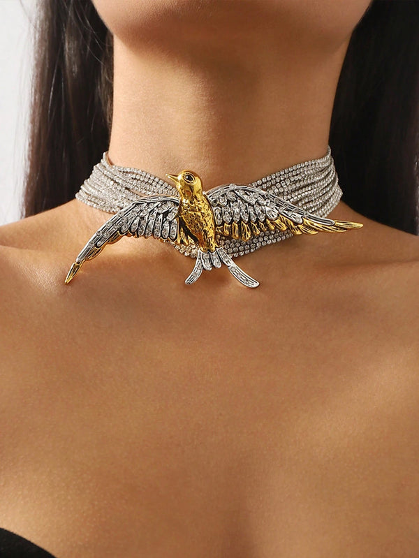 SHEIN 1pc Exaggerated Fashionable Bird Swallow Multi-Layer Rhinestone Necklace, Vintage Chic Necklace For Women