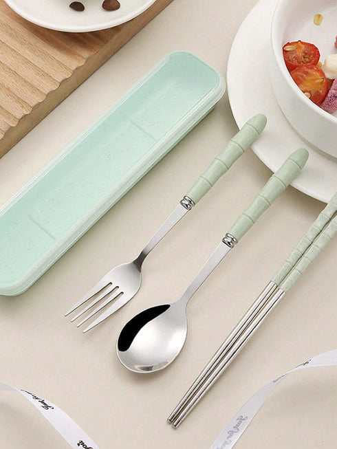 SHEIN 1pc Festival Tableware Set 3pcs Stainless Steel Portable Cutlery Set (Chopsticks, Spoon, Fork) Suitable For Parties0